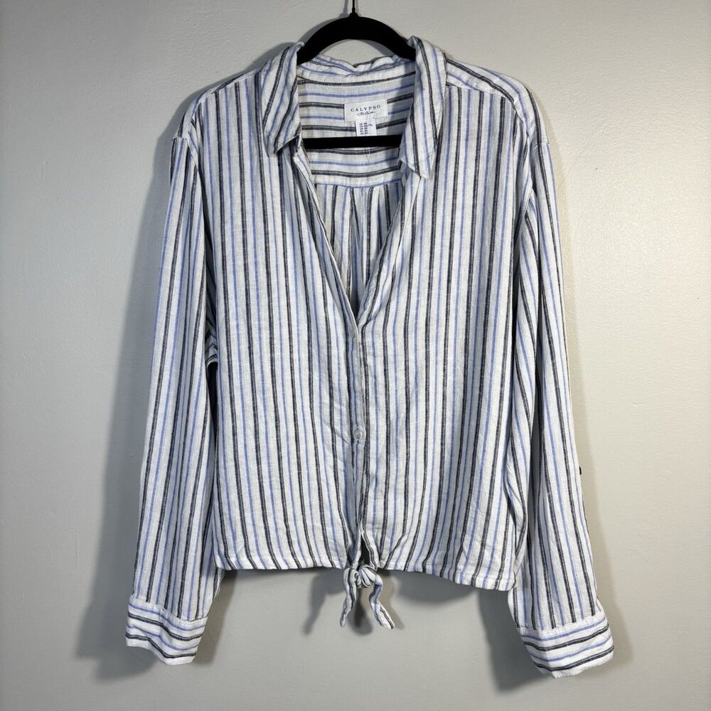 NWOT Calypso St Barth Size 2XL Womens White Blue Striped Button Down Shirt Top